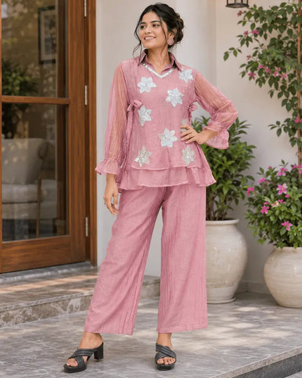 Rich Salsa Embroidered Co-ord Set with Plazo | Party & Festive Wear - Rosepetals Luxe