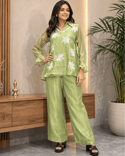Rich Salsa Embroidered Co-ord Set with Plazo | Party & Festive Wear - Rosepetals Luxe