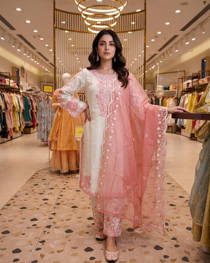 Roman Glass Embroidery Suit Set | Bell Sleeves Palazzo & Dupatta | Festive Wear - Rosepetals Luxe