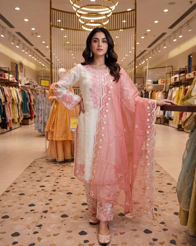 Roman Glass Embroidery Suit Set | Bell Sleeves Palazzo & Dupatta | Festive Wear - Rosepetals Luxe