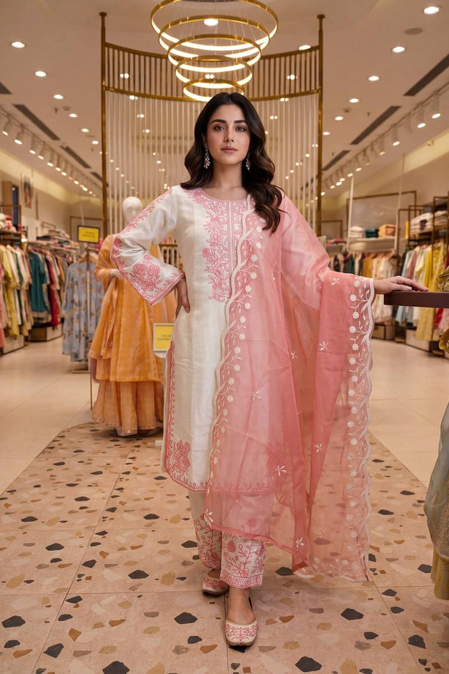 Roman Glass Embroidery Suit Set | Bell Sleeves Palazzo & Dupatta | Festive Wear - Rosepetals Luxe