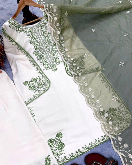 Roman Glass Embroidery Suit Set | Bell Sleeves Palazzo & Dupatta | Festive Wear - Rosepetals Luxe