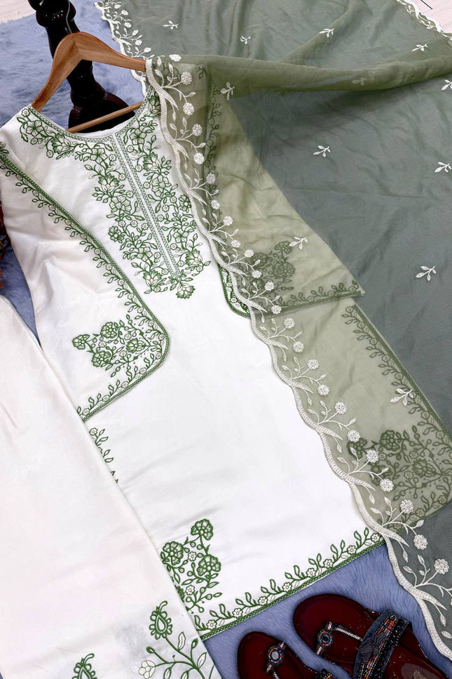 Roman Glass Embroidery Suit Set | Bell Sleeves Palazzo & Dupatta | Festive Wear - Rosepetals Luxe