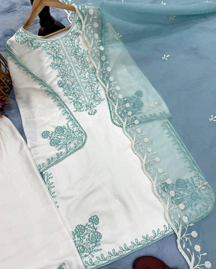 Roman Glass Embroidery Suit Set | Bell Sleeves Palazzo & Dupatta | Festive Wear - Rosepetals Luxe