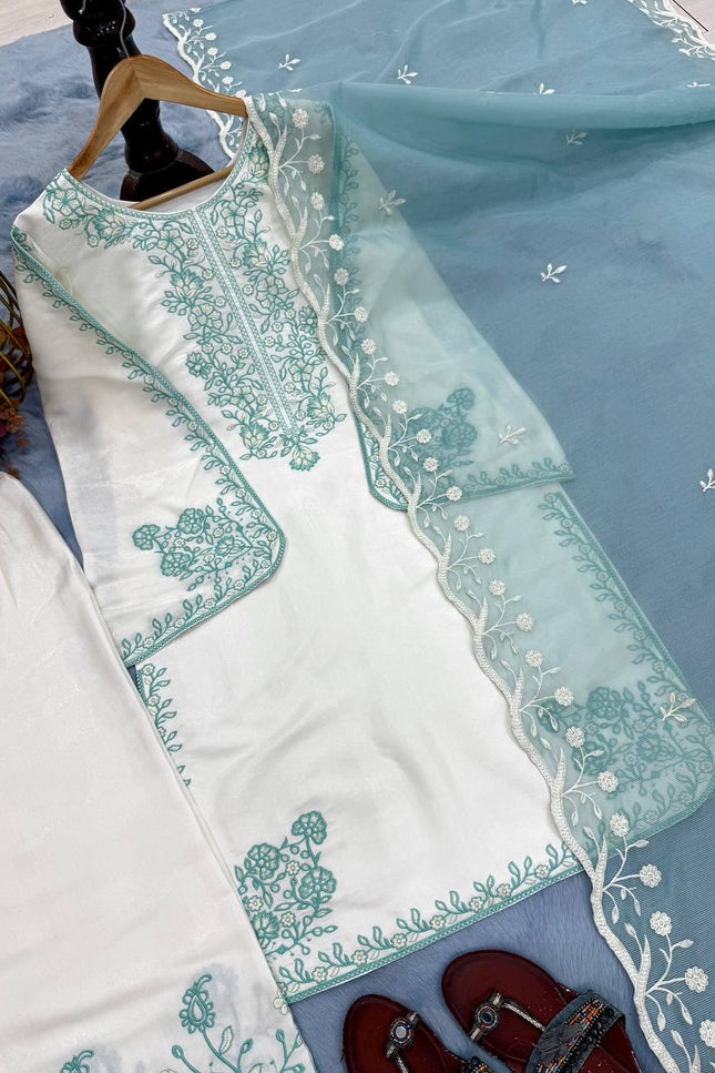 Roman Glass Embroidery Suit Set | Bell Sleeves Palazzo & Dupatta | Festive Wear - Rosepetals Luxe