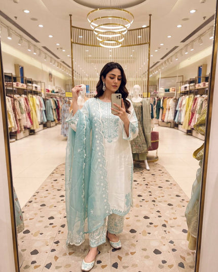 Roman Glass Embroidery Suit Set | Bell Sleeves Palazzo & Dupatta | Festive Wear - Rosepetals Luxe