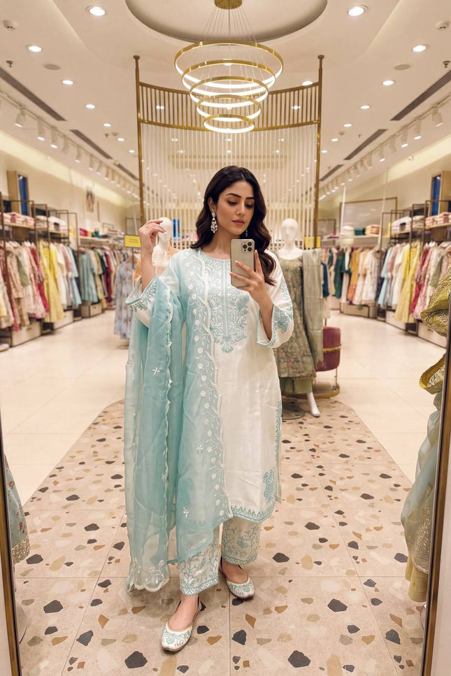 Roman Glass Embroidery Suit Set | Bell Sleeves Palazzo & Dupatta | Festive Wear - Rosepetals Luxe