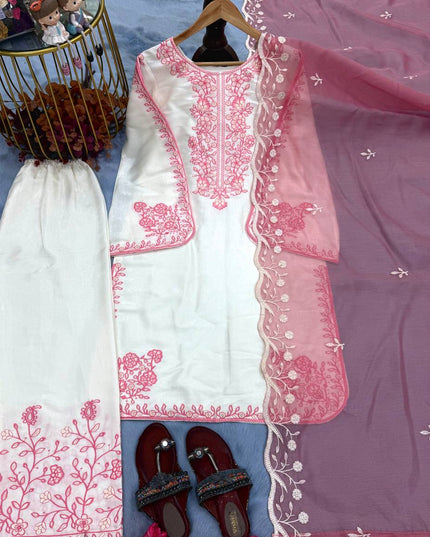 Roman Glass Embroidery Suit Set | Bell Sleeves Palazzo & Dupatta | Festive Wear - Rosepetals Luxe