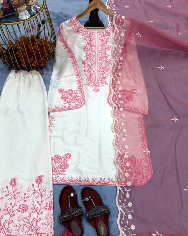 Roman Glass Embroidery Suit Set | Bell Sleeves Palazzo & Dupatta | Festive Wear - Rosepetals Luxe