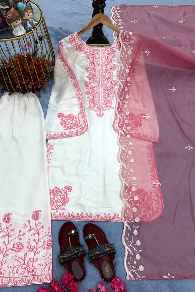 Roman Glass Embroidery Suit Set | Bell Sleeves Palazzo & Dupatta | Festive Wear - Rosepetals Luxe