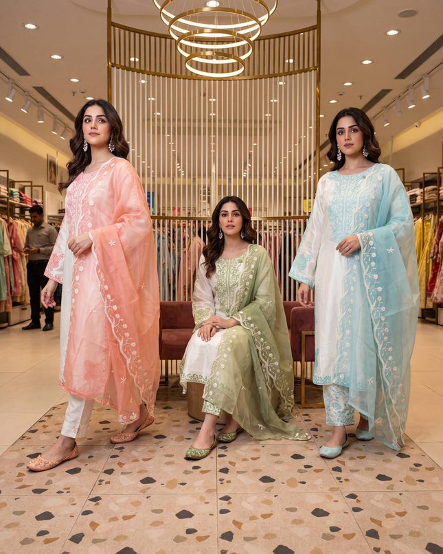 Roman Glass Embroidery Suit Set | Bell Sleeves Palazzo & Dupatta | Festive Wear - Rosepetals Luxe