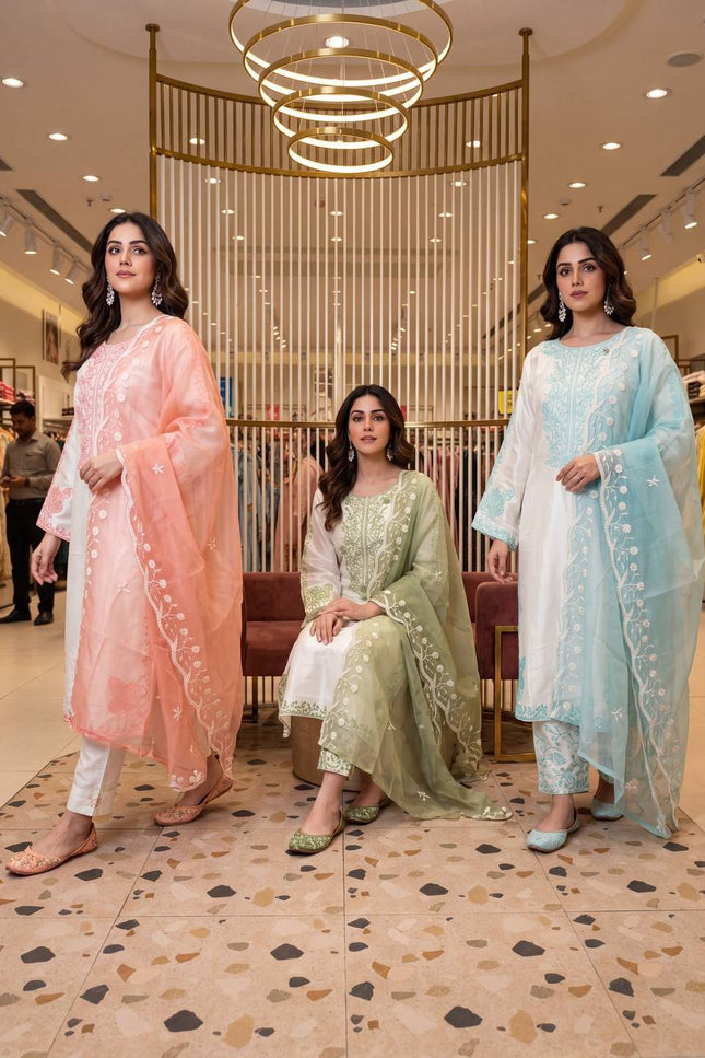 Roman Glass Embroidery Suit Set | Bell Sleeves Palazzo & Dupatta | Festive Wear - Rosepetals Luxe