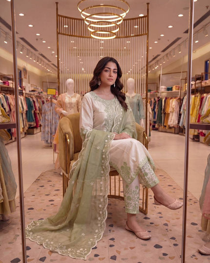 Roman Glass Embroidery Suit Set | Bell Sleeves Palazzo & Dupatta | Festive Wear - Rosepetals Luxe
