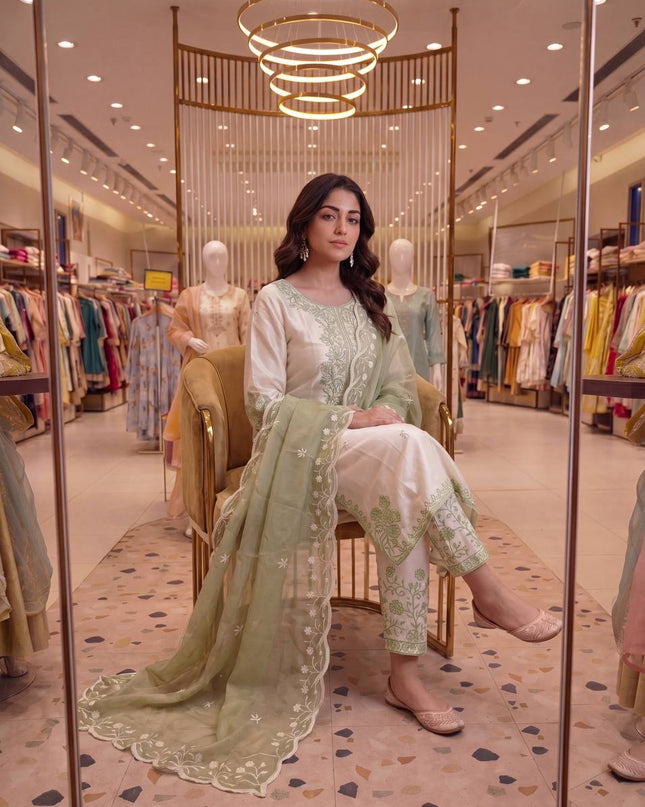 Roman Glass Embroidery Suit Set | Bell Sleeves Palazzo & Dupatta | Festive Wear - Rosepetals Luxe
