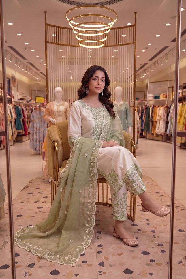Roman Glass Embroidery Suit Set | Bell Sleeves Palazzo & Dupatta | Festive Wear - Rosepetals Luxe