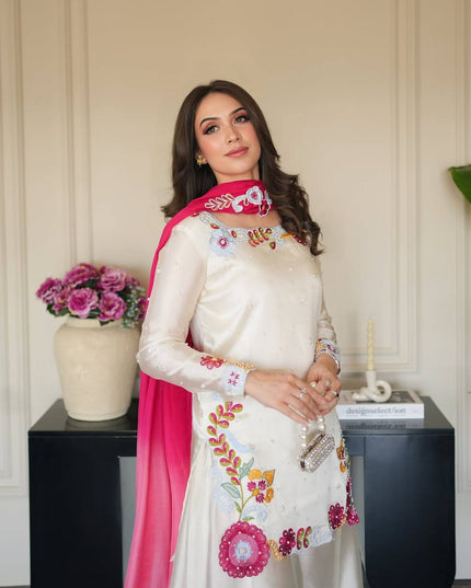 Roman Glass Silk Sharara Set | Multi Embroidery, Moti Work & Chiffon Dupatta | Festive 3-Piece - Rosepetals Luxe