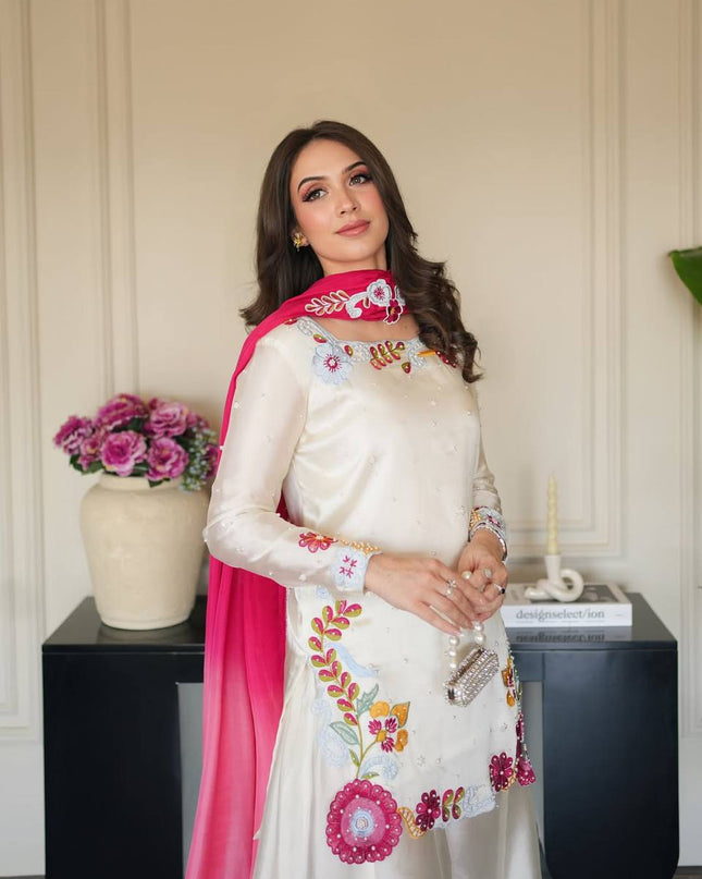 Roman Glass Silk Sharara Set | Multi Embroidery, Moti Work & Chiffon Dupatta | Festive 3-Piece - Rosepetals Luxe
