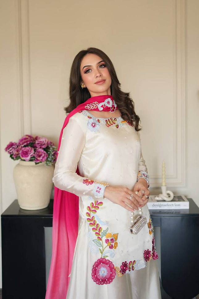 Roman Glass Silk Sharara Set | Multi Embroidery, Moti Work & Chiffon Dupatta | Festive 3-Piece - Rosepetals Luxe