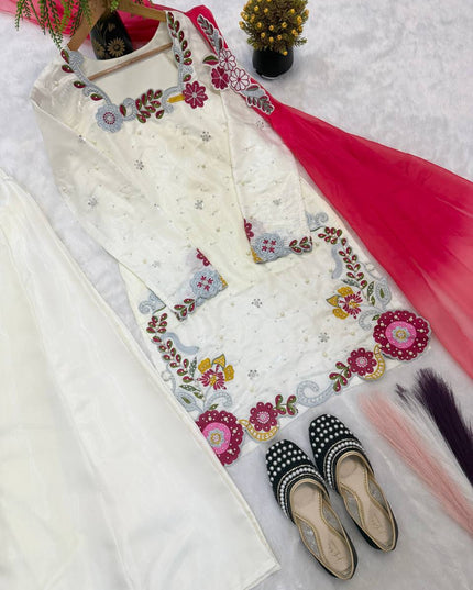 Roman Glass Silk Sharara Set | Multi Embroidery, Moti Work & Chiffon Dupatta | Festive 3-Piece - Rosepetals Luxe