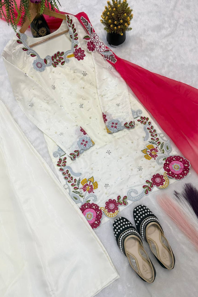 Roman Glass Silk Sharara Set | Multi Embroidery, Moti Work & Chiffon Dupatta | Festive 3-Piece - Rosepetals Luxe