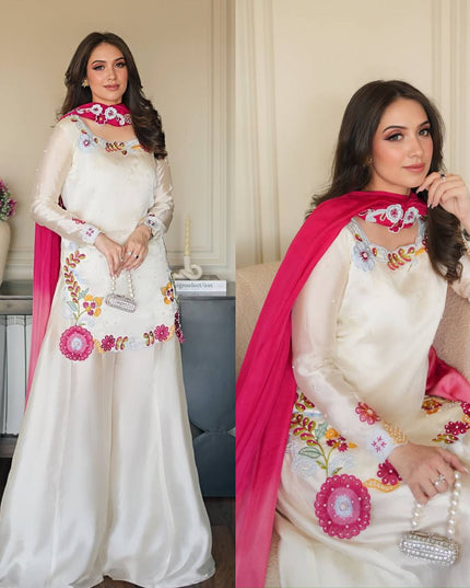 Roman Glass Silk Sharara Set | Multi Embroidery, Moti Work & Chiffon Dupatta | Festive 3-Piece - Rosepetals Luxe
