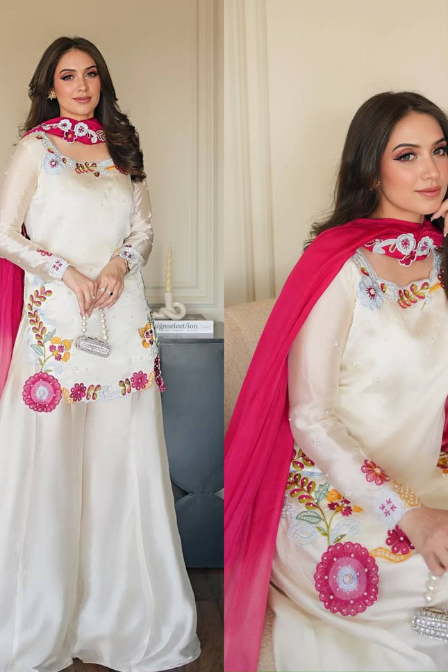 Roman Glass Silk Sharara Set | Multi Embroidery, Moti Work & Chiffon Dupatta | Festive 3-Piece - Rosepetals Luxe