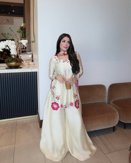 Roman Glass Silk Sharara Set | Multi Embroidery, Moti Work & Chiffon Dupatta | Festive 3-Piece - Rosepetals Luxe