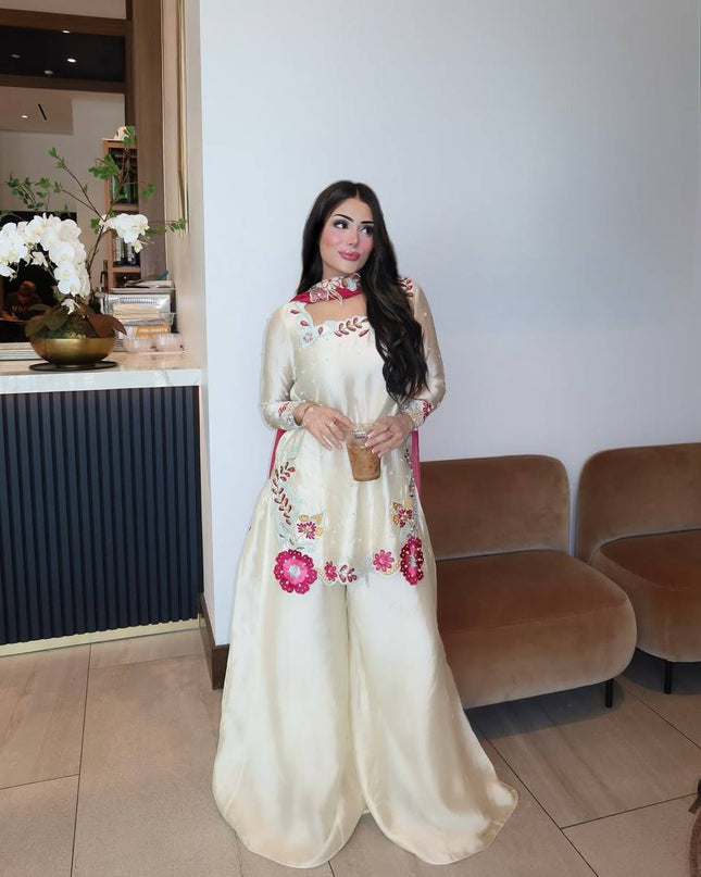 Roman Glass Silk Sharara Set | Multi Embroidery, Moti Work & Chiffon Dupatta | Festive 3-Piece - Rosepetals Luxe