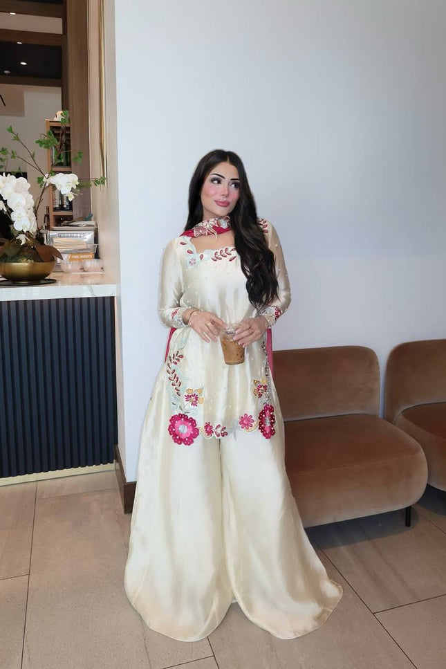 Roman Glass Silk Sharara Set | Multi Embroidery, Moti Work & Chiffon Dupatta | Festive 3-Piece - Rosepetals Luxe