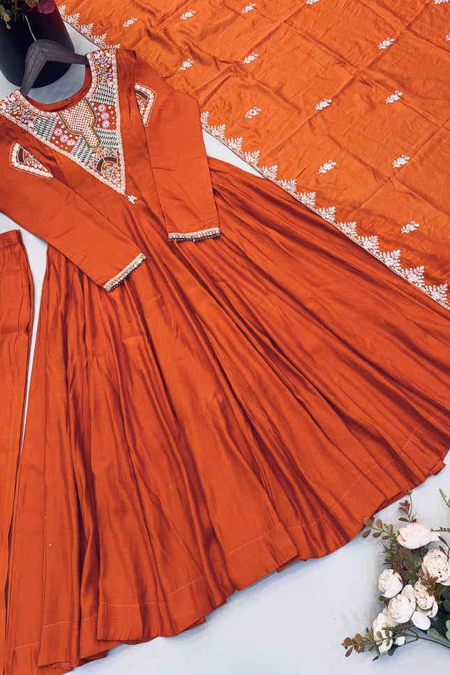 Roman Silk Embroidered Gown Set | Embroidery & Sequence Work | Festive Party Wear - Rosepetals Luxe