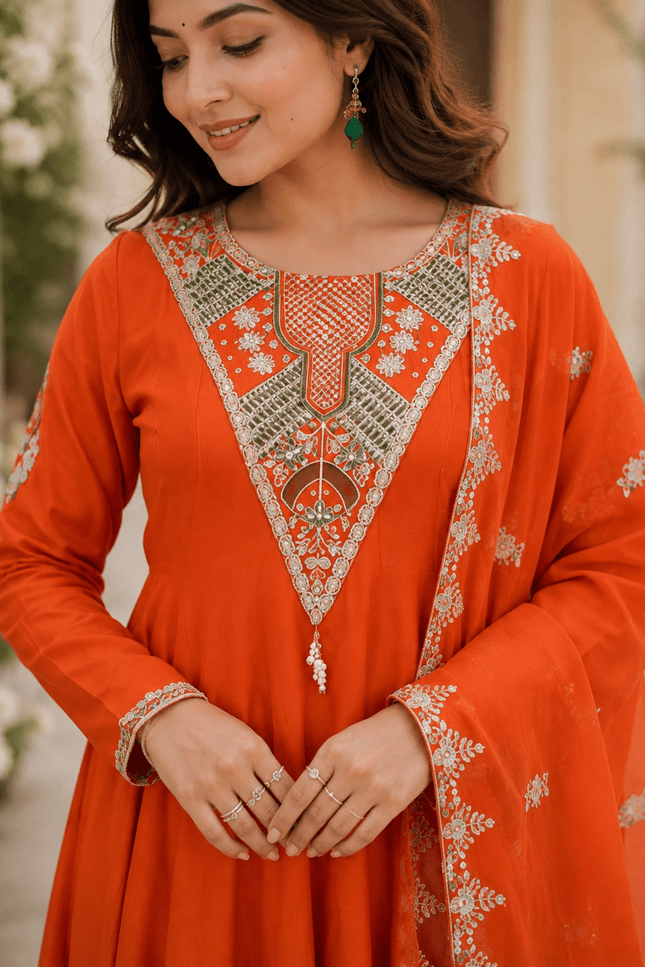 Roman Silk Embroidered Gown Set | Embroidery & Sequence Work | Festive Party Wear - Rosepetals Luxe