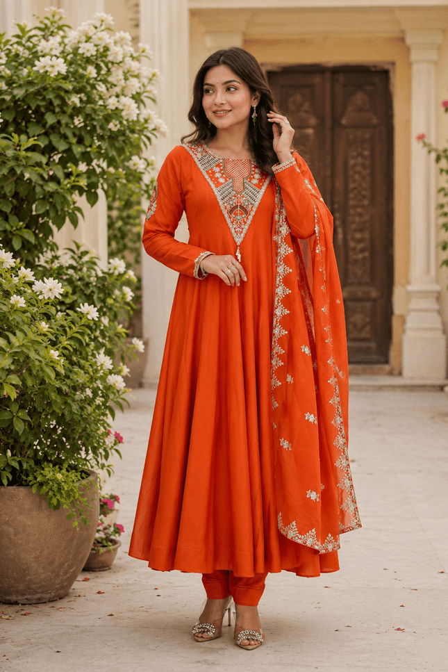 Roman Silk Embroidered Gown Set | Embroidery & Sequence Work | Festive Party Wear - Rosepetals Luxe