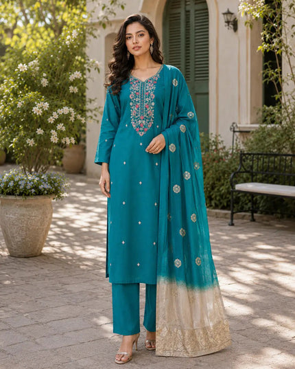 Roman Silk Embroidered Kurta Set | Women's 3-Piece Festive Ethnic Suit - Rosepetals Luxe
