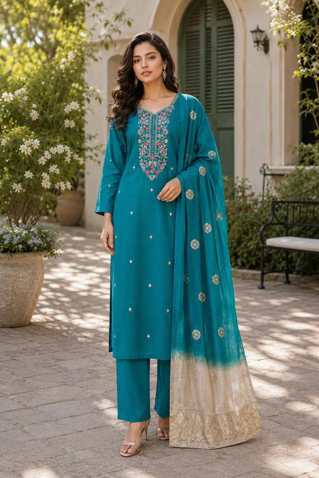 Roman Silk Embroidered Kurta Set | Women's 3-Piece Festive Ethnic Suit - Rosepetals Luxe