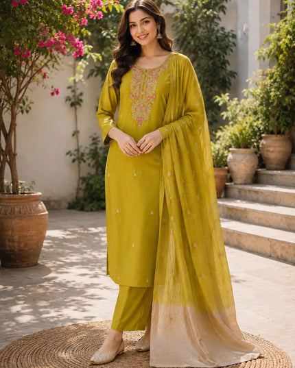 Roman Silk Embroidered Kurta Set | Women's 3-Piece Festive Ethnic Suit - Rosepetals Luxe