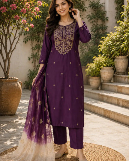 Roman Silk Embroidered Kurta Set | Women's 3-Piece Festive Ethnic Suit - Rosepetals Luxe