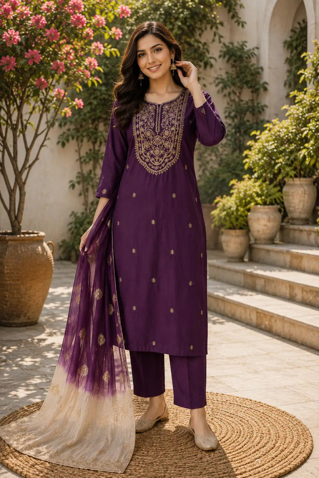 Roman Silk Embroidered Kurta Set | Women's 3-Piece Festive Ethnic Suit - Rosepetals Luxe