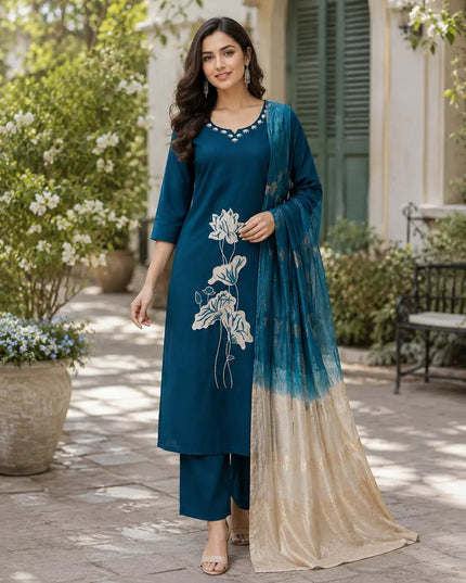 Roman Silk Embroidered Kurta Set | Women's 3-Piece Festive Ethnic Suit - Rosepetals Luxe