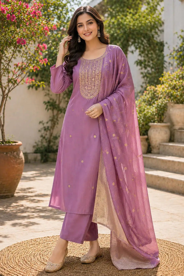 Roman Silk Embroidered Kurta Set | Women's 3-Piece Festive Ethnic Suit - Rosepetals Luxe