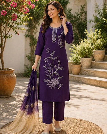 Roman Silk Embroidered Kurta Set | Women's 3-Piece Festive Ethnic Suit - Rosepetals Luxe