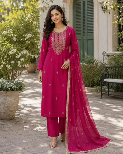 Roman Silk Embroidered Kurta Set | Women's 3-Piece Festive Ethnic Suit - Rosepetals Luxe