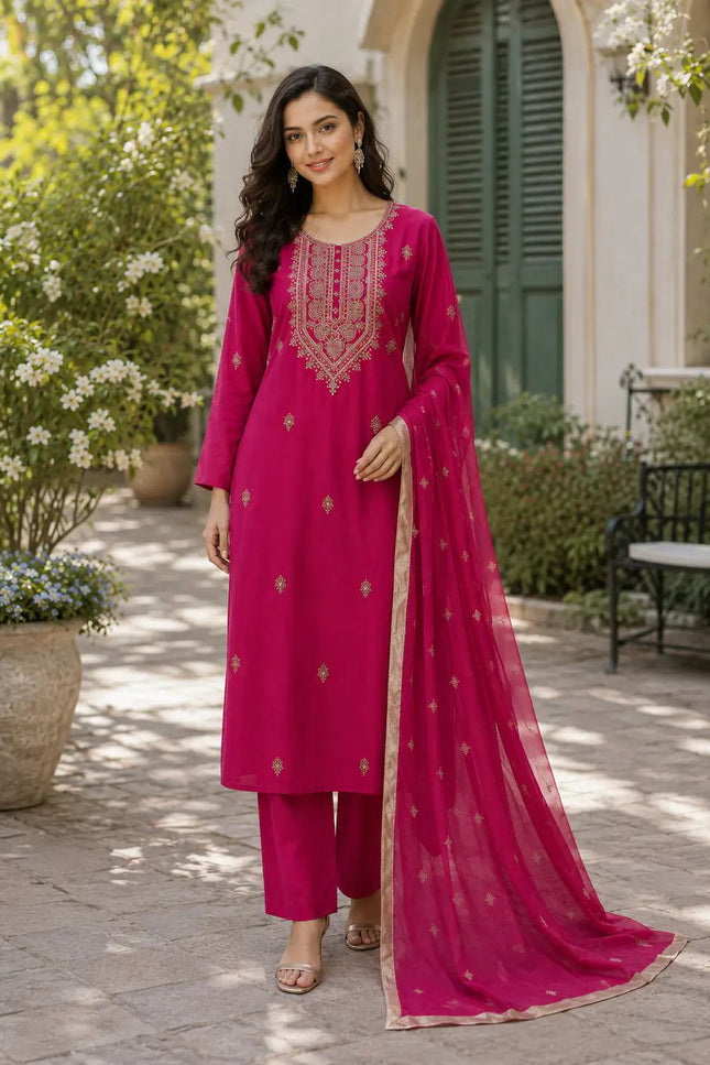Roman Silk Embroidered Kurta Set | Women's 3-Piece Festive Ethnic Suit - Rosepetals Luxe
