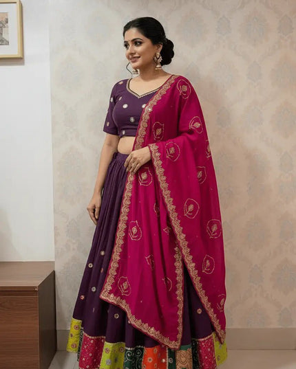 Roman Silk Embroidered Navratri Lehenga Choli Set | Aari Mirror Work & Vintage Dupatta | Garba & Festive Wear - Rosepetals Luxe