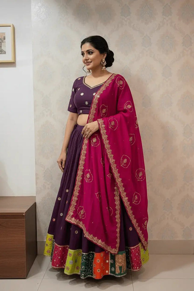 Roman Silk Embroidered Navratri Lehenga Choli Set | Aari Mirror Work & Vintage Dupatta | Garba & Festive Wear - Rosepetals Luxe