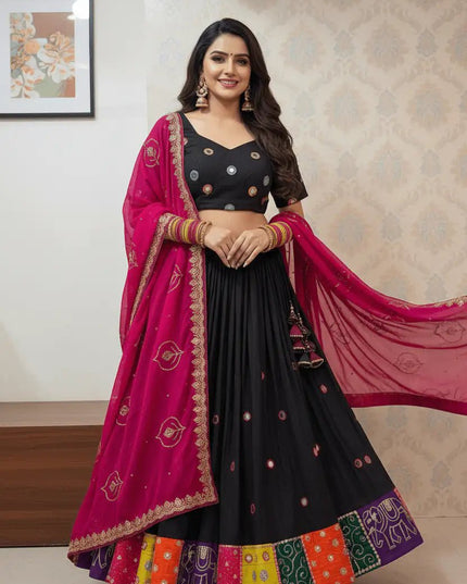 Roman Silk Embroidered Navratri Lehenga Choli Set | Aari Mirror Work & Vintage Dupatta | Garba & Festive Wear - Rosepetals Luxe