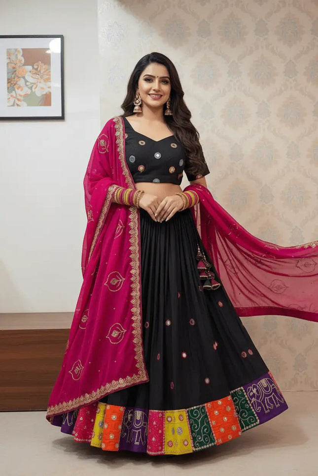 Roman Silk Embroidered Navratri Lehenga Choli Set | Aari Mirror Work & Vintage Dupatta | Garba & Festive Wear - Rosepetals Luxe