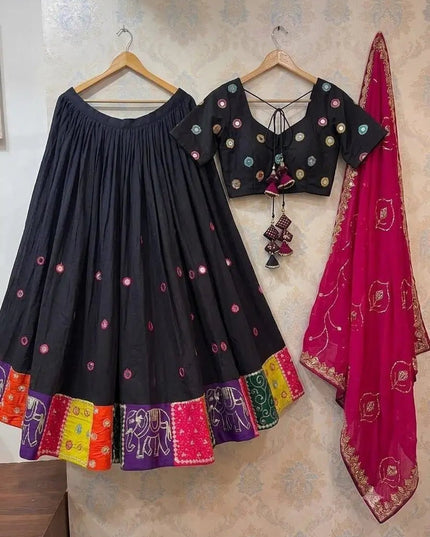 Roman Silk Embroidered Navratri Lehenga Choli Set | Aari Mirror Work & Vintage Dupatta | Garba & Festive Wear - Rosepetals Luxe