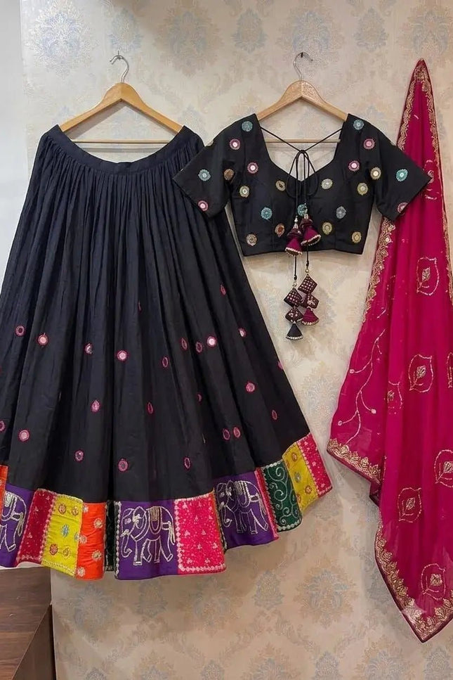 Roman Silk Embroidered Navratri Lehenga Choli Set | Aari Mirror Work & Vintage Dupatta | Garba & Festive Wear - Rosepetals Luxe
