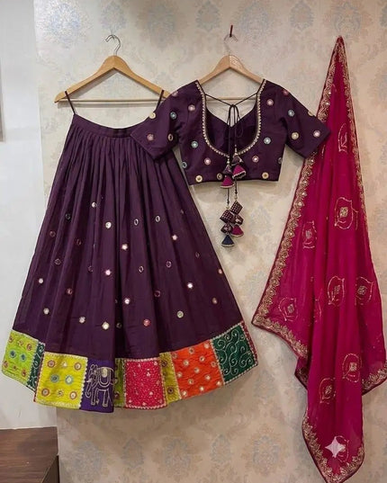 Roman Silk Embroidered Navratri Lehenga Choli Set | Aari Mirror Work & Vintage Dupatta | Garba & Festive Wear - Rosepetals Luxe