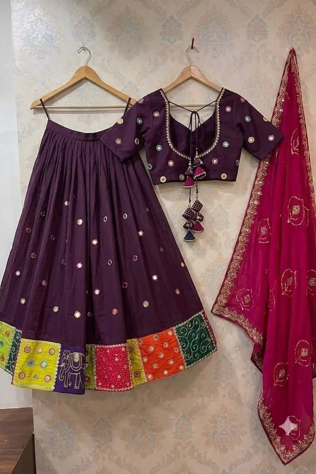 Roman Silk Embroidered Navratri Lehenga Choli Set | Aari Mirror Work & Vintage Dupatta | Garba & Festive Wear - Rosepetals Luxe